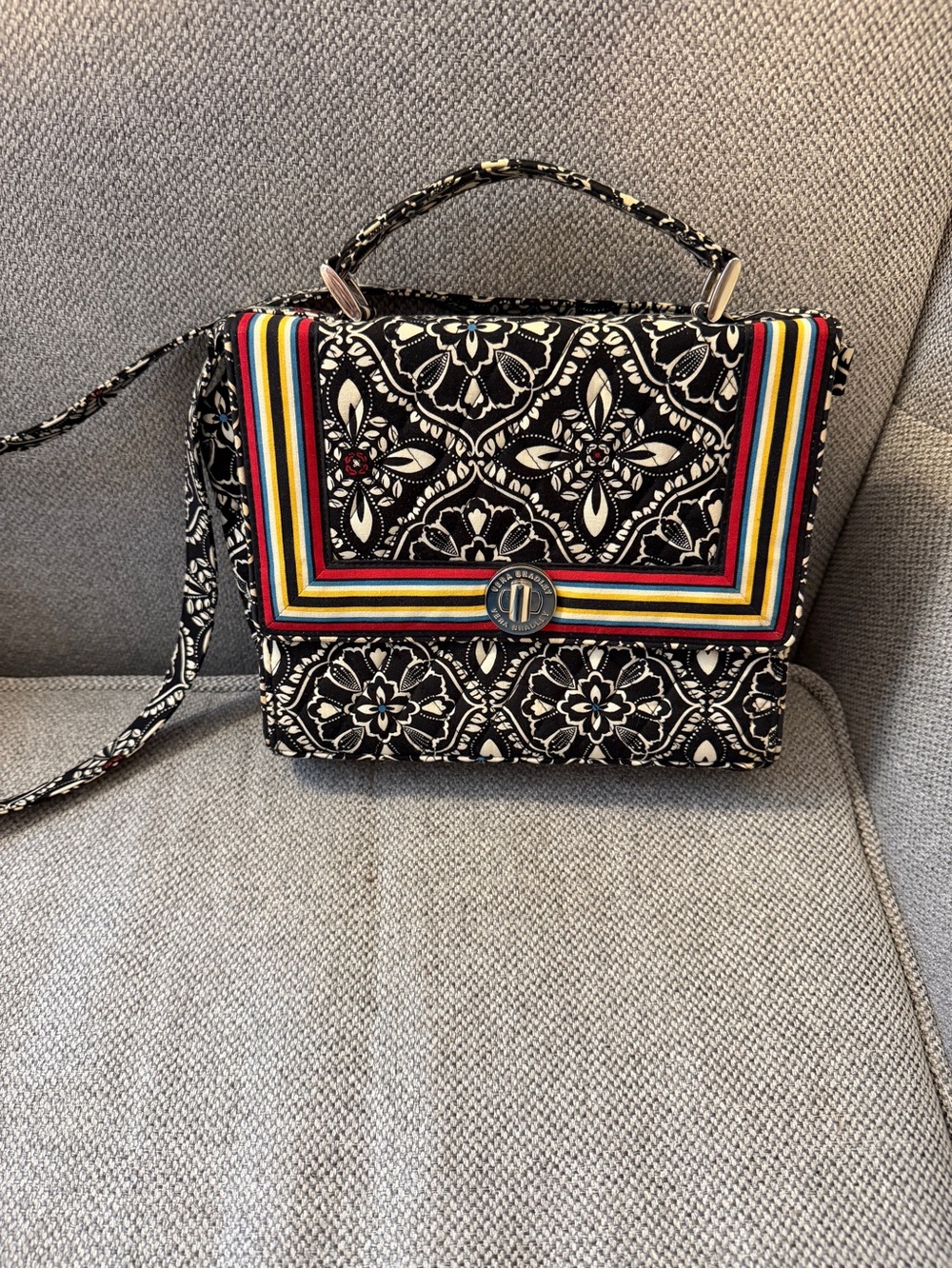 Vera Bradley Black Floral Quilted Crossbody with Rainbow Stripe Trim